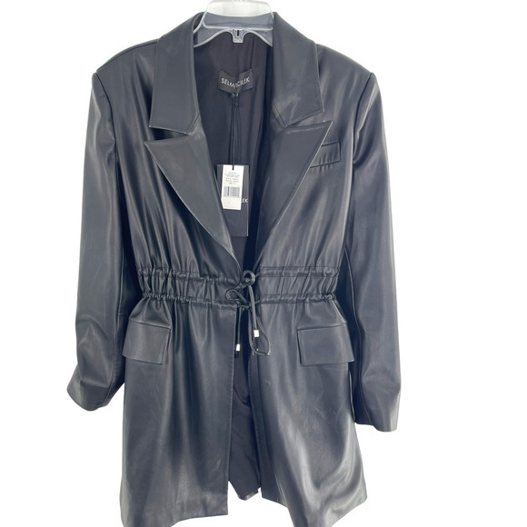 NWT Selmacilek Womens Leather Trench Collar Mini Dress Flap Pockets Size S Black - Picture 3 of 14